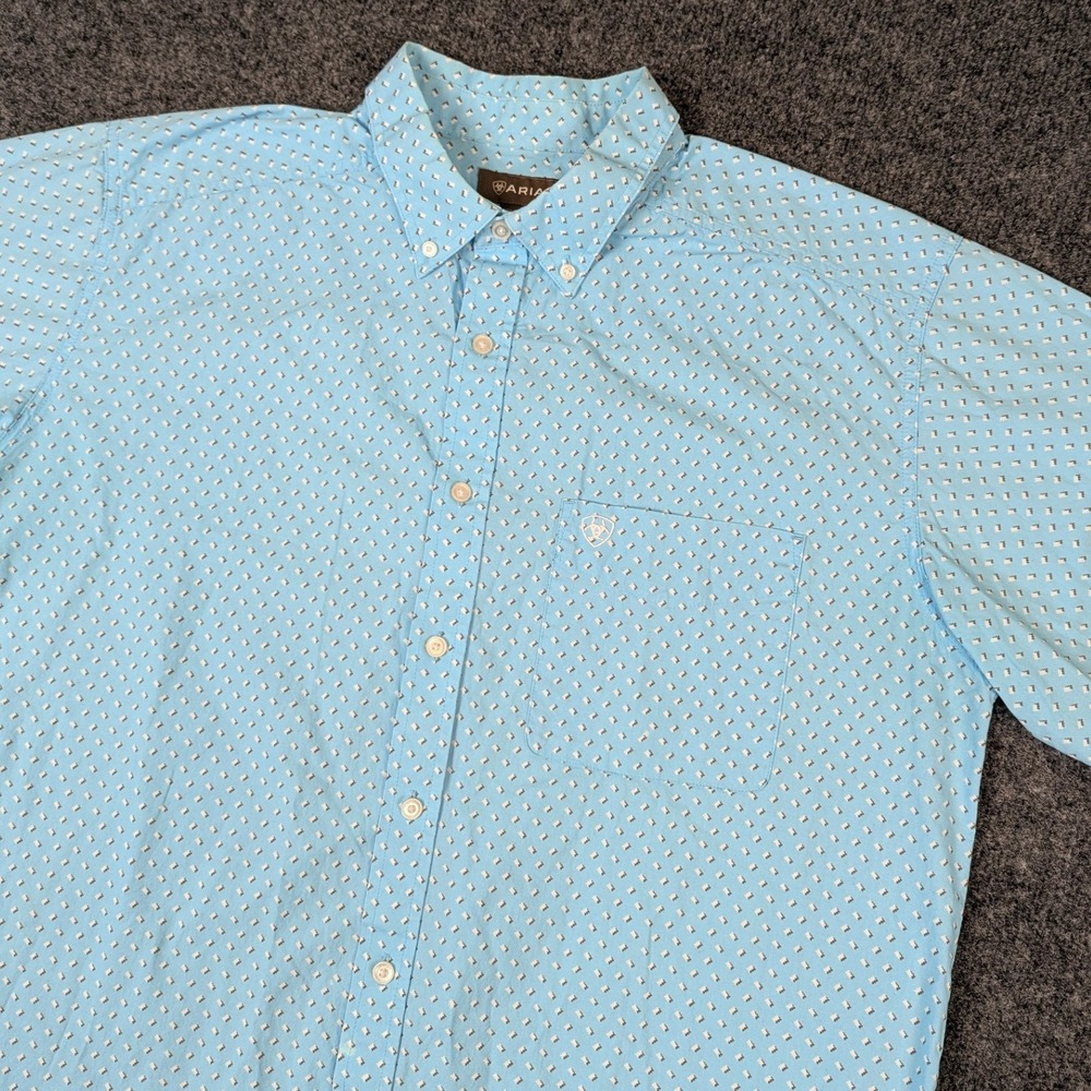 Ariat Mens L-Tall Short Sleeve Button Down Shirt Blue Geometric Western Logo